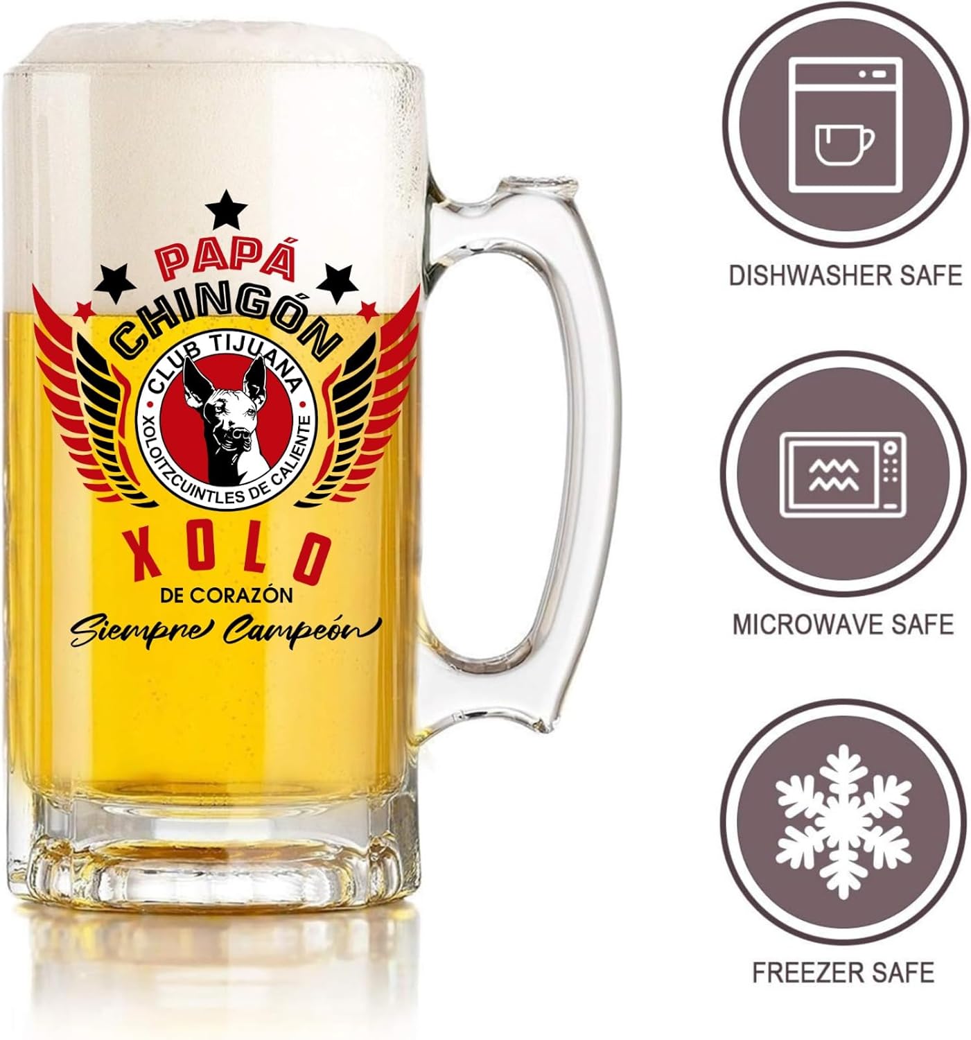 Xolos Tijuana 16 oz Beer Glass Mug – Papá Chingón Design – Xolo de Corazón, Siempre Campeón – Soccer Gift