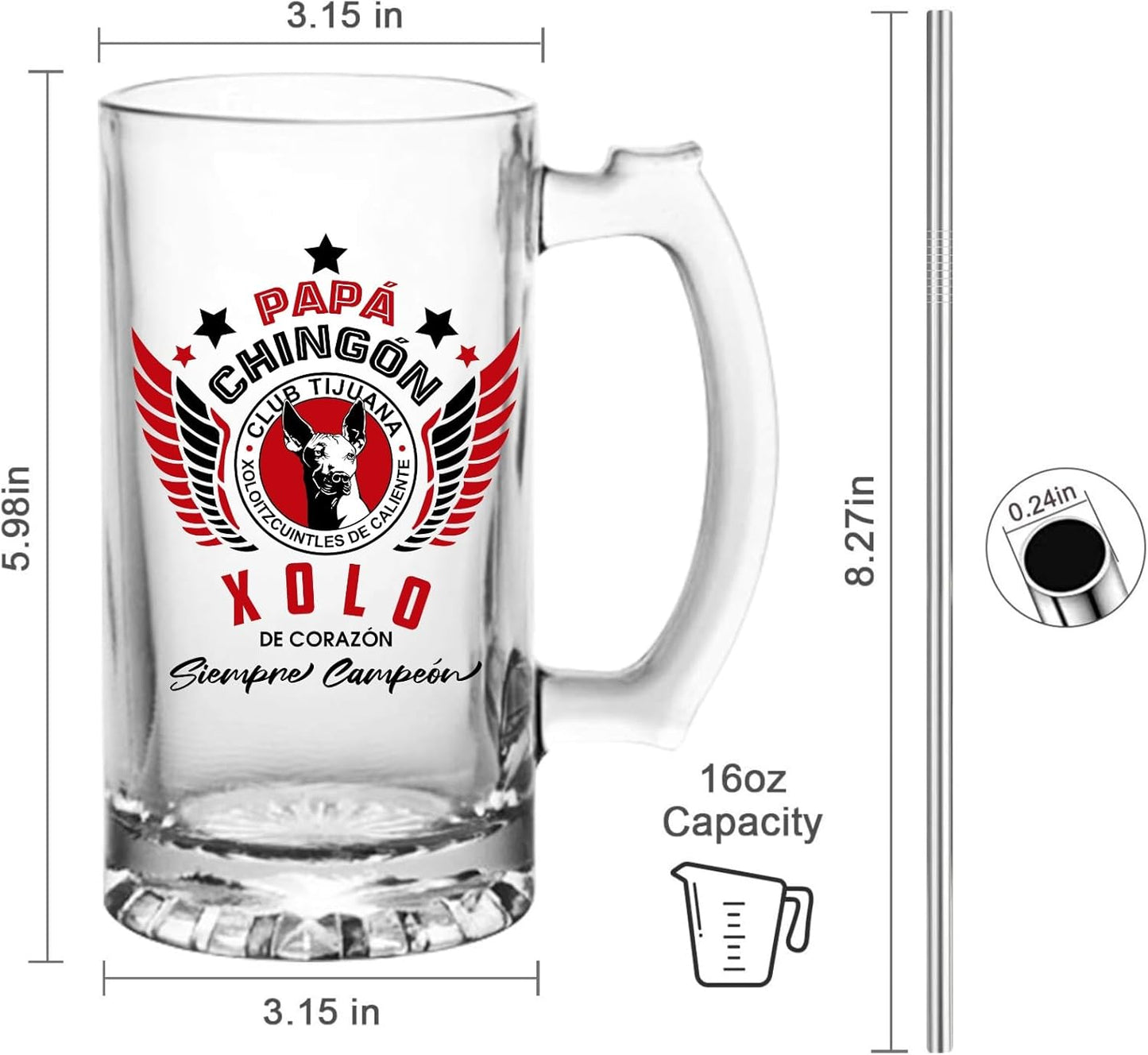 Xolos Tijuana 16 oz Beer Glass Mug – Papá Chingón Design – Xolo de Corazón, Siempre Campeón – Soccer Gift