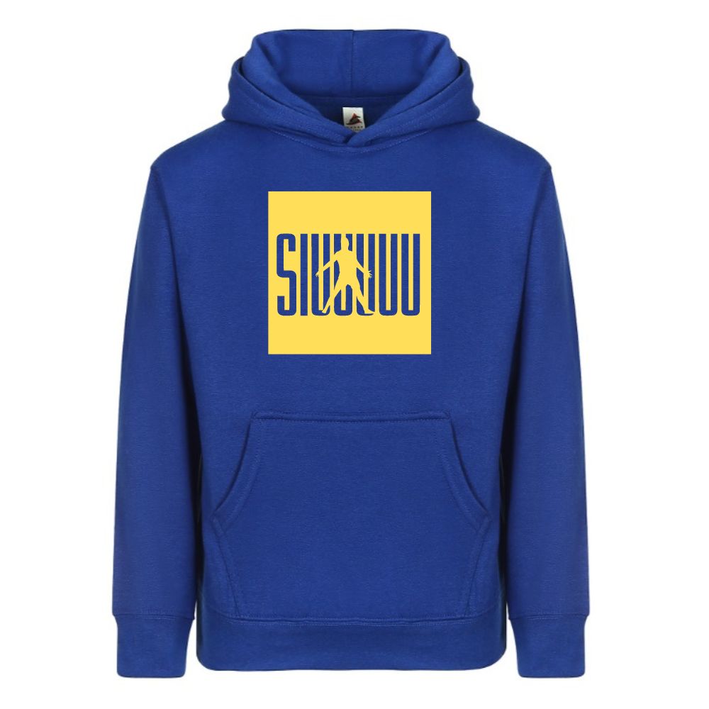 Kids' Cristiano Ronaldo Siuuuuuu Fashion Cotton Pullover Hoodie with Kangaroo Pocket - Youth Sweater - Royal/Gold