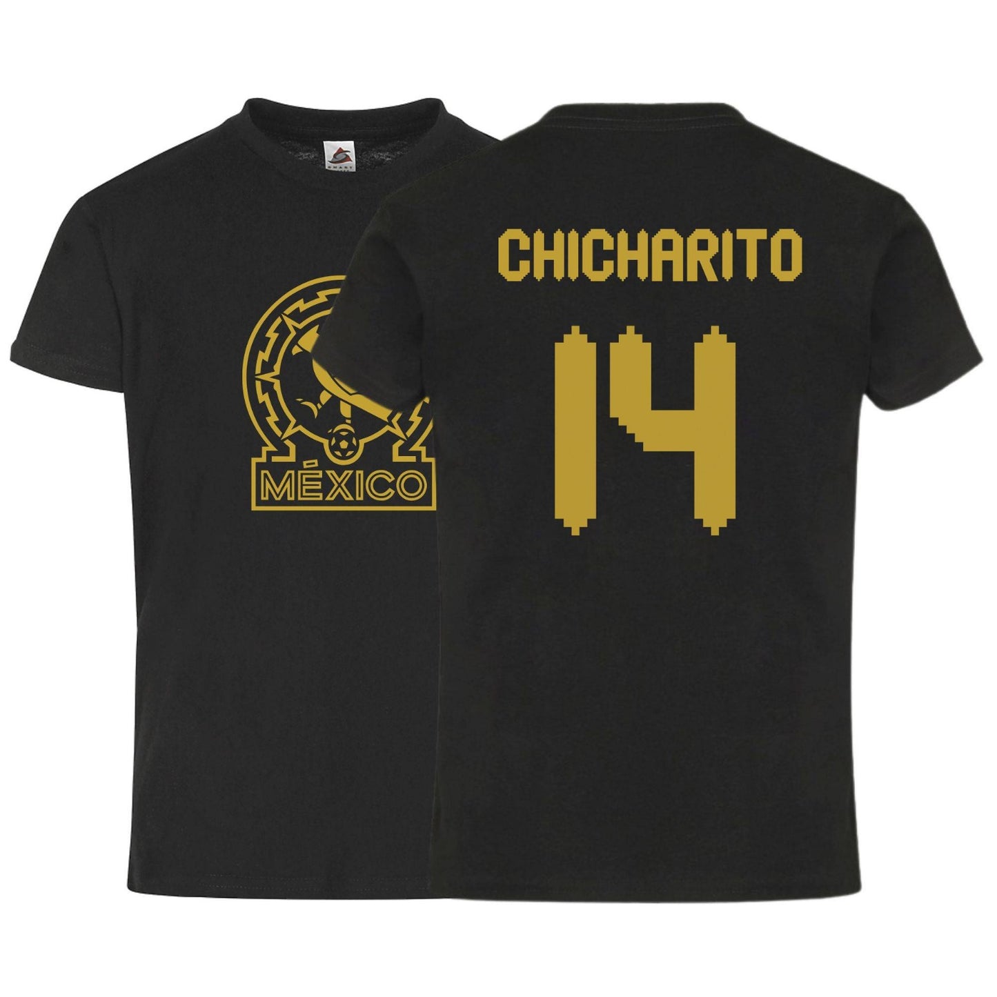 México Chicharito #14 Black Gold Kid's T-Shirt Soccer Fan Apparel Front and Back Design
