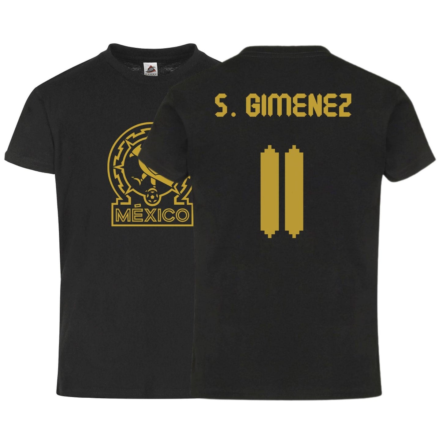 México S. Gimenez #11 Black Gold Kid's T-Shirt Soccer Fan Apparel Front and Back Design