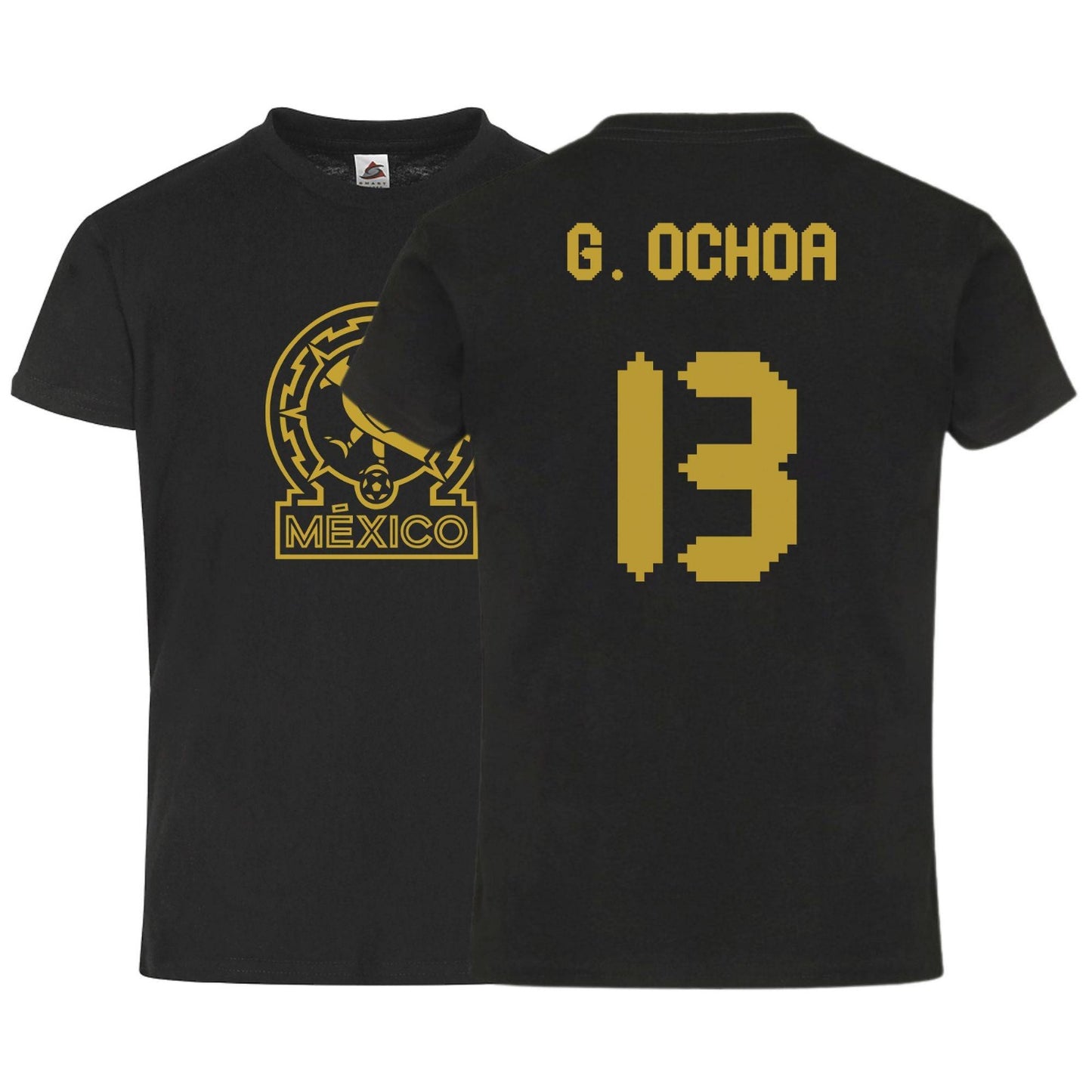 México G. Ochoa #13 Black Gold Kid's T-Shirt Soccer Fan Apparel Front and Back Design