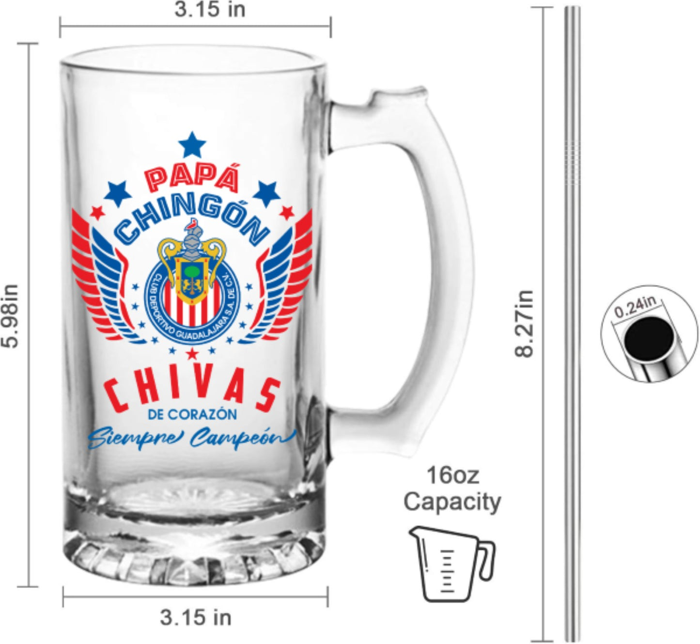 Chivas 16 oz Beer Glass Mug – Papá Chingón – Chivas de Corazón Siempre Campeón – Perfect Soccer Gift
