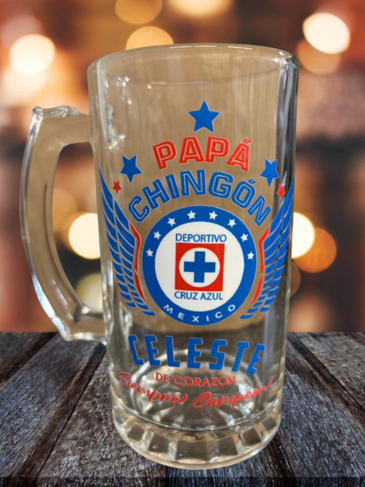 Cruz Azul 16 oz Beer Glass Mug – Papá Chingón Design – Celeste de Corazón, Siempre Campeón – Soccer Gift