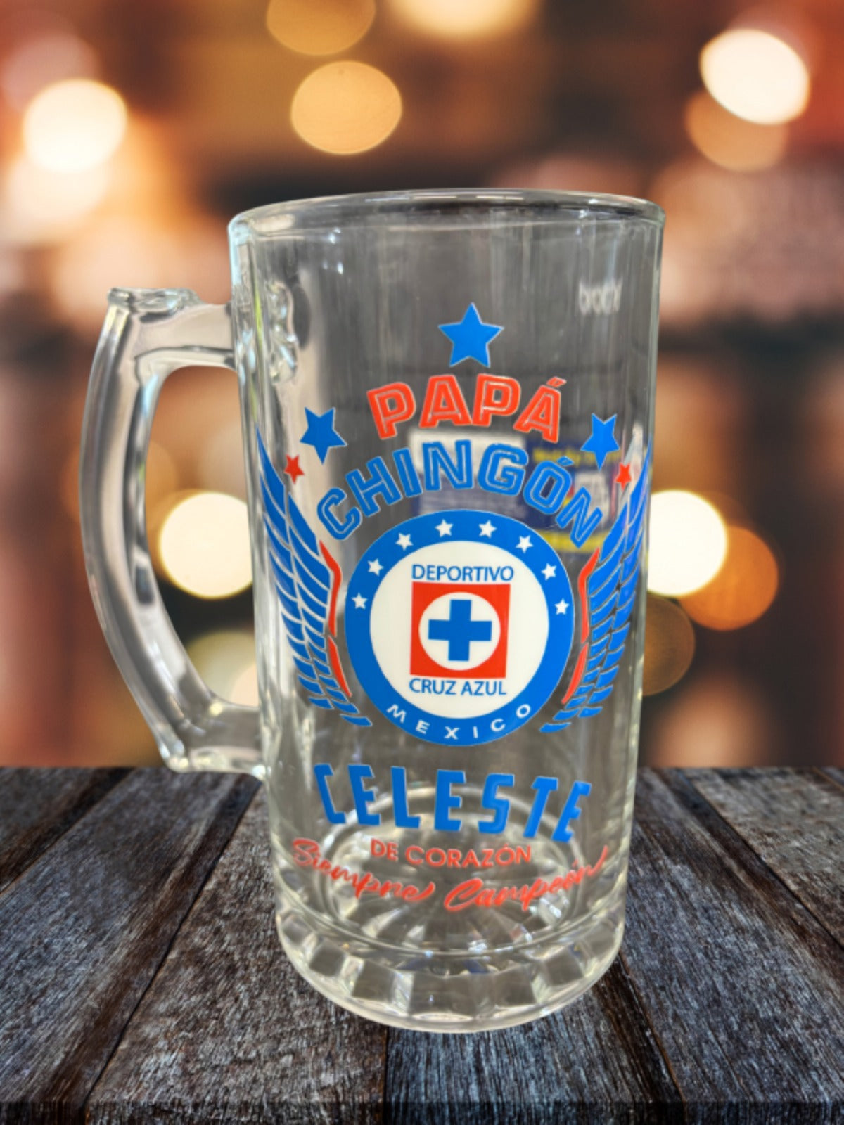 Cruz Azul 16 oz Beer Glass Mug – Papá Chingón Design – Celeste de Corazón, Siempre Campeón – Soccer Gift