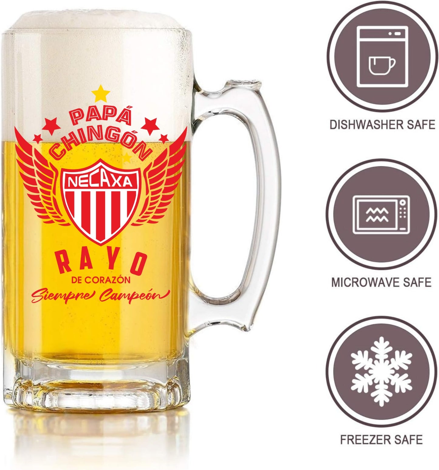 Necaxa 16 oz Beer Glass Mug – Papá Chingón Design – Rayo de Corazón, Siempre Campeón – Soccer Gift