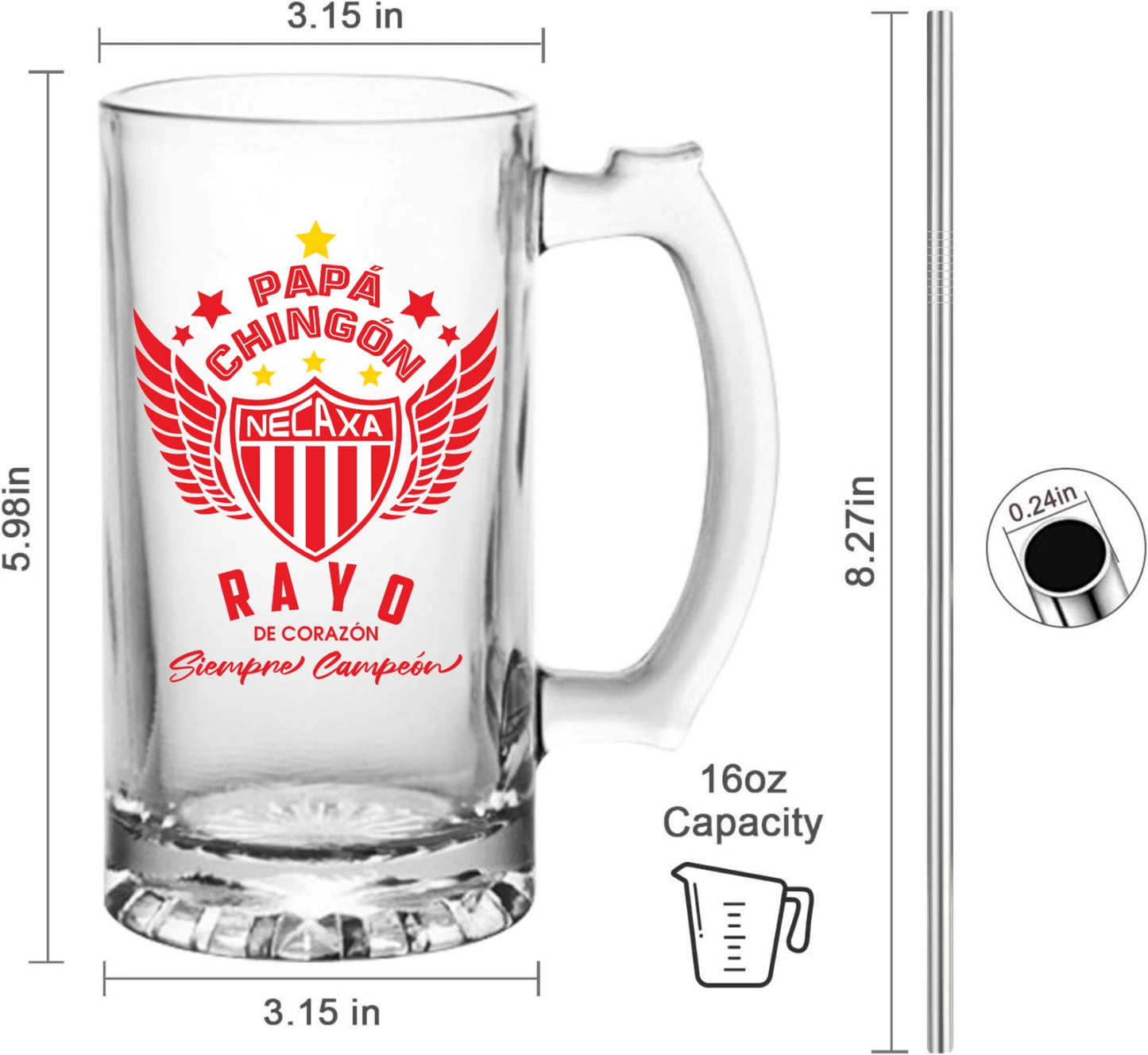 Necaxa 16 oz Beer Glass Mug – Papá Chingón Design – Rayo de Corazón, Siempre Campeón – Soccer Gift