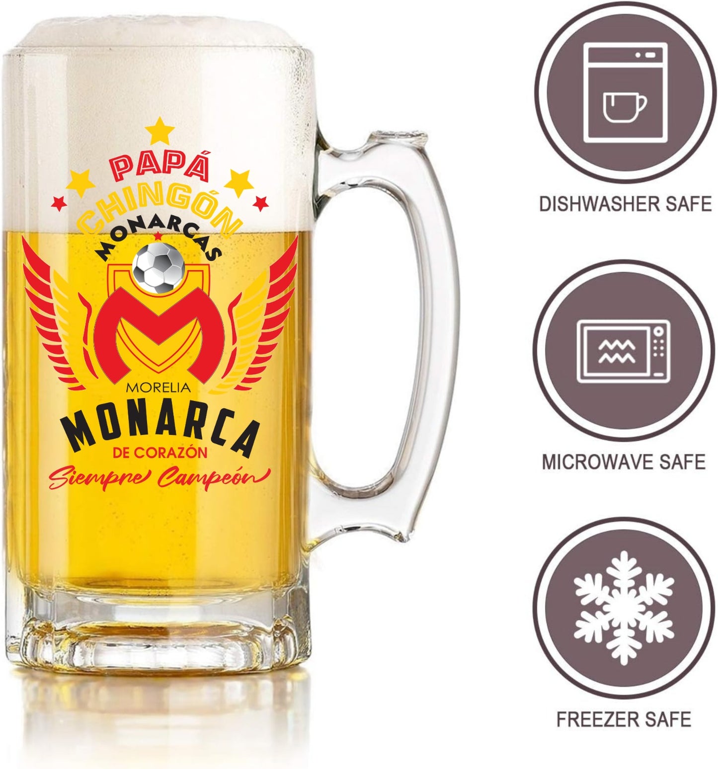Monarcas 16 oz Beer Glass Mug – Papá Chingón Design – Monarca de Corazón, Siempre Campeón – Soccer Gift