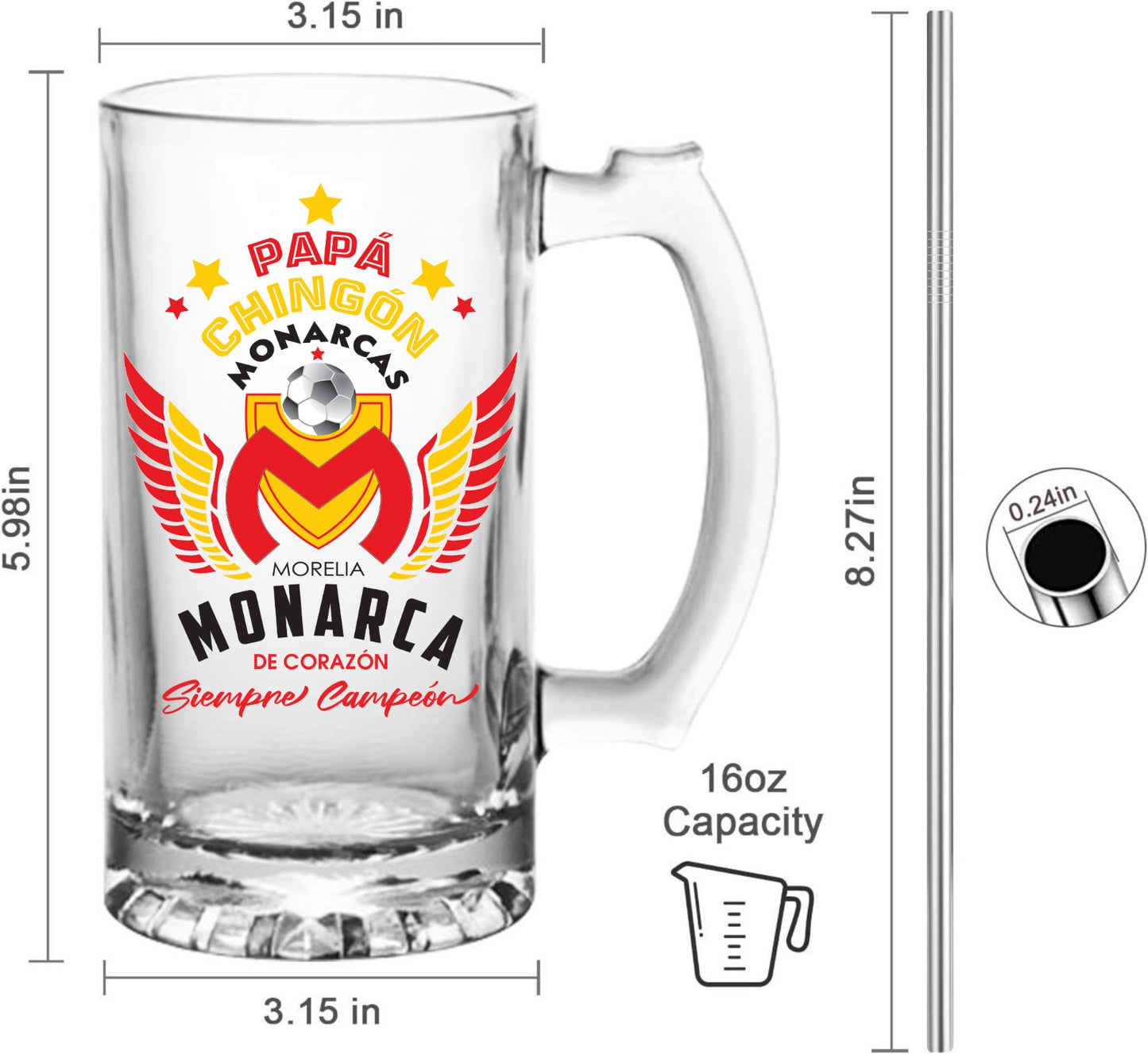 Monarcas 16 oz Beer Glass Mug – Papá Chingón Design – Monarca de Corazón, Siempre Campeón – Soccer Gift