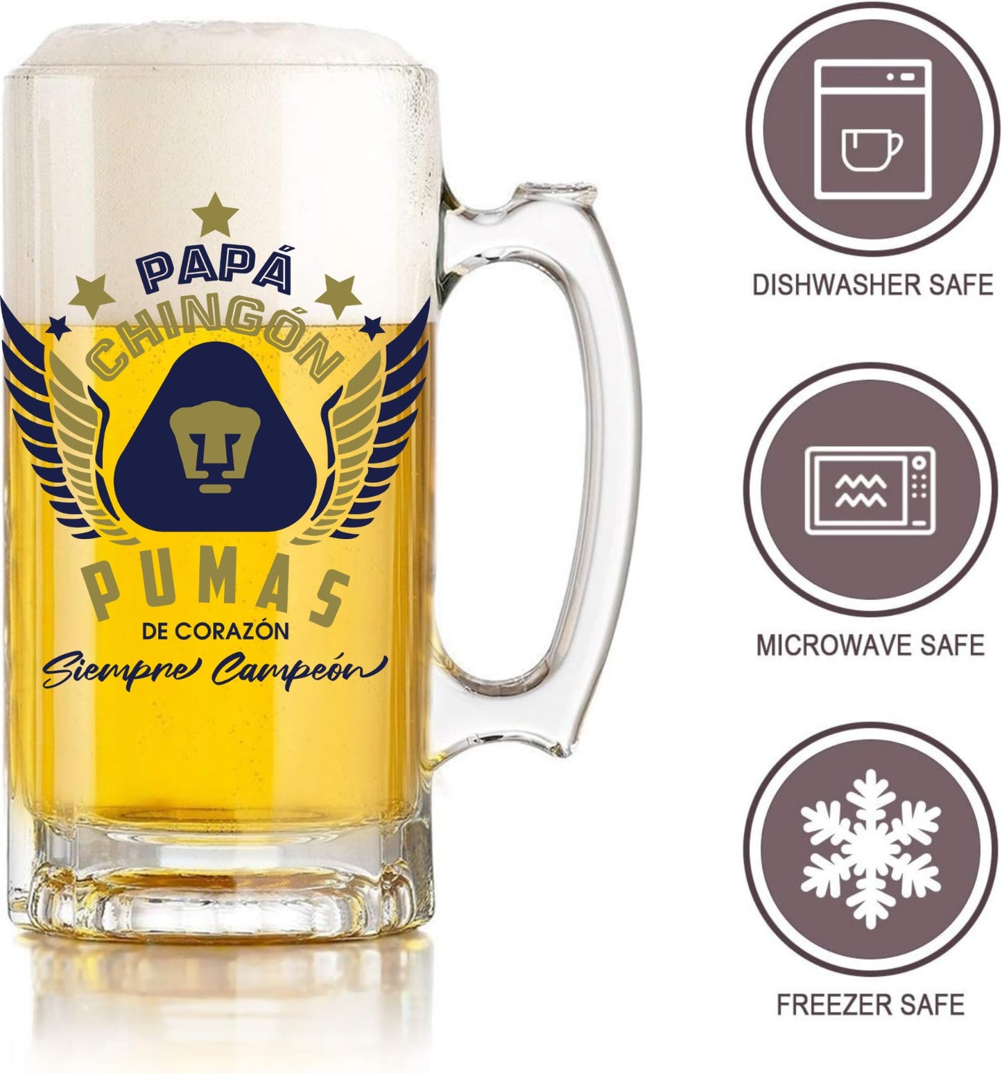 Pumas UNAM 16 oz Beer Glass Mug – Papá Chingón Design – Pumas de Corazón, Siempre Campeón – Soccer Gift