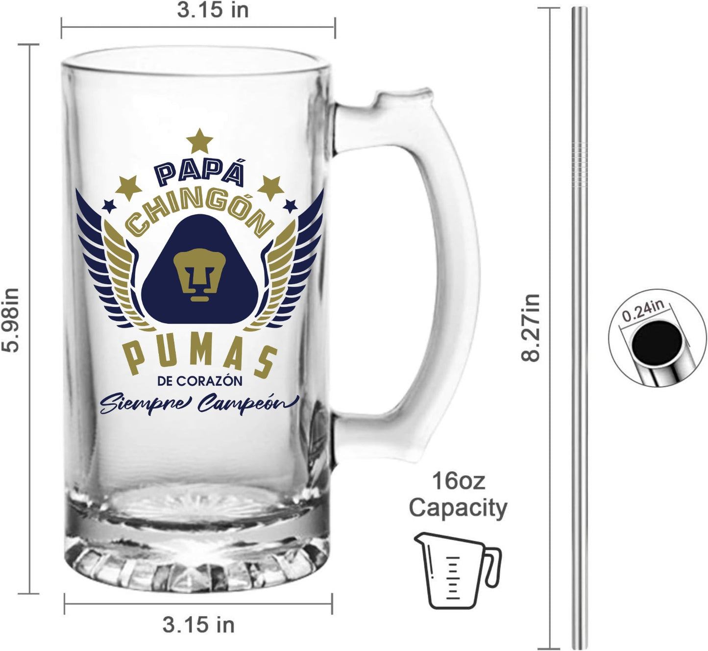 Pumas UNAM 16 oz Beer Glass Mug – Papá Chingón Design – Pumas de Corazón, Siempre Campeón – Soccer Gift