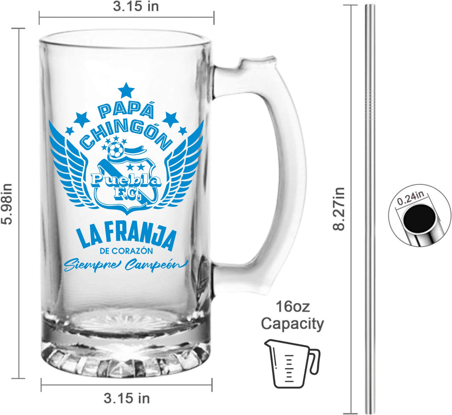 Puebla 16 oz Beer Glass Mug – Papá Chingón Design – La Franja de Corazón, Siempre Campeón – Soccer Gift