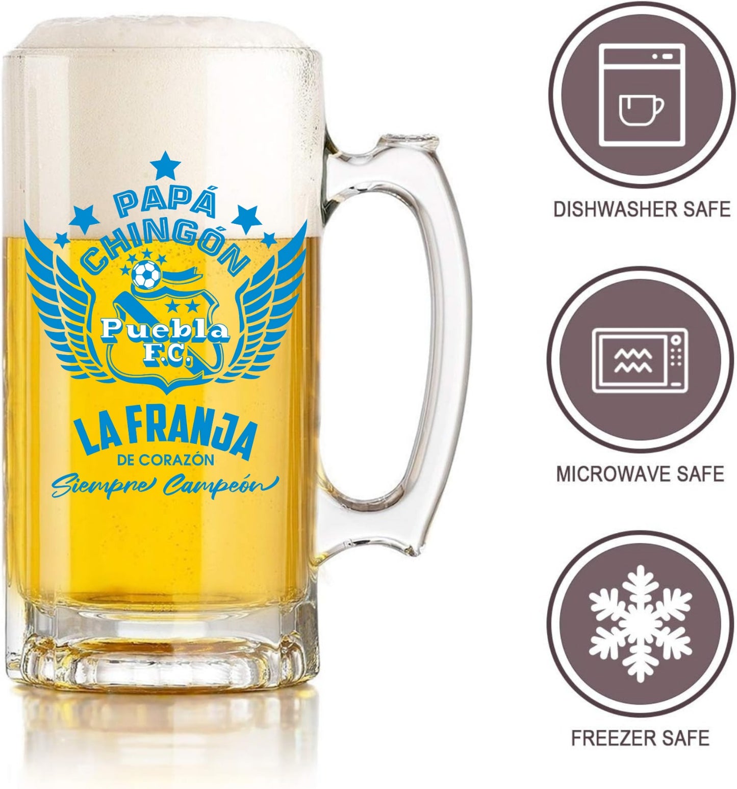 Puebla 16 oz Beer Glass Mug – Papá Chingón Design – La Franja de Corazón, Siempre Campeón – Soccer Gift