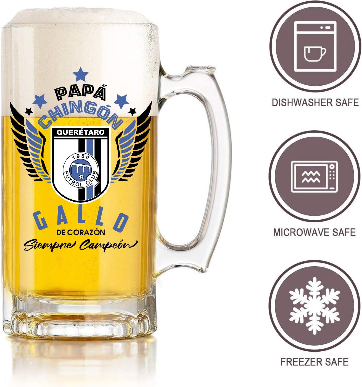 Querétaro FC 16 oz Beer Glass Mug – Papá Chingón Design – Gallo de Corazón, Siempre Campeón – Soccer Gift