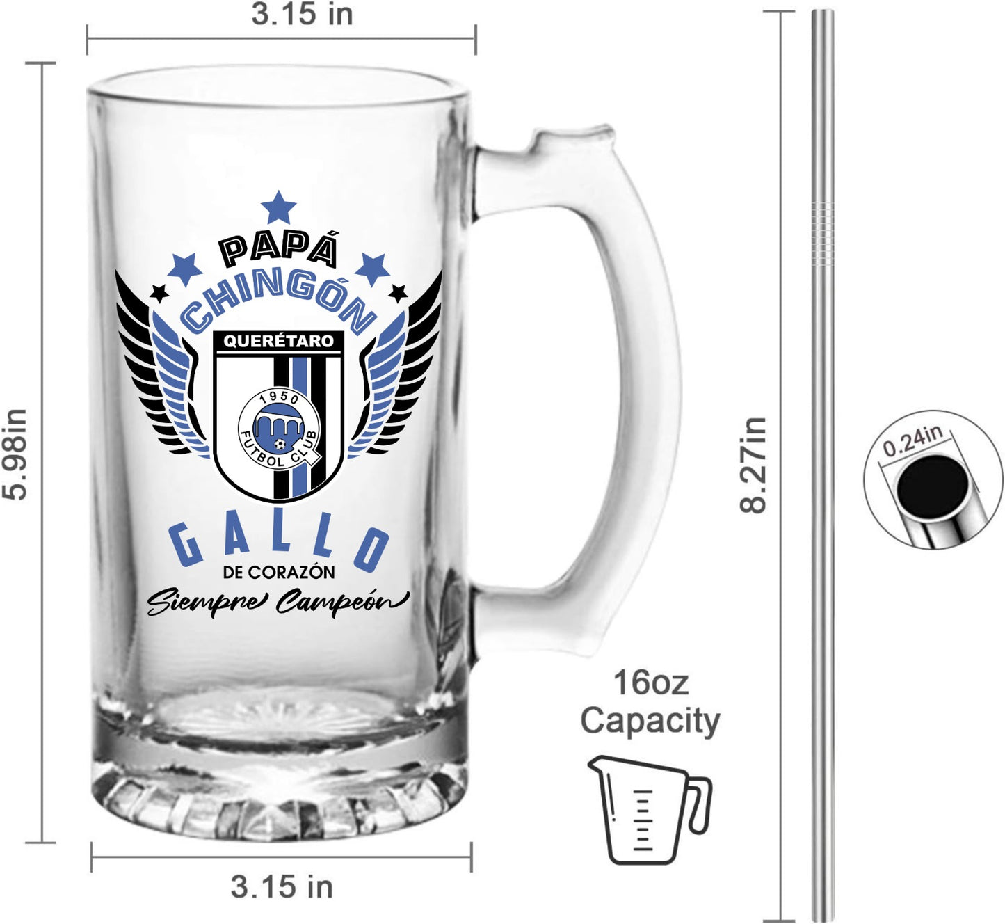 Querétaro FC 16 oz Beer Glass Mug – Papá Chingón Design – Gallo de Corazón, Siempre Campeón – Soccer Gift