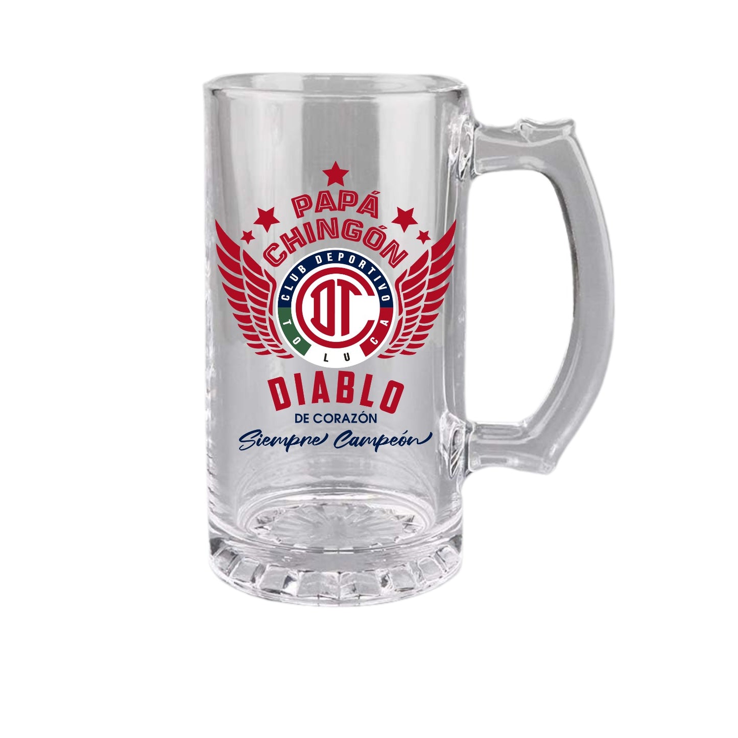 Toluca FC 16 oz Beer Glass Mug – Papá Chingón Design – Diablo de Corazón, Siempre Campeón – Soccer Gift