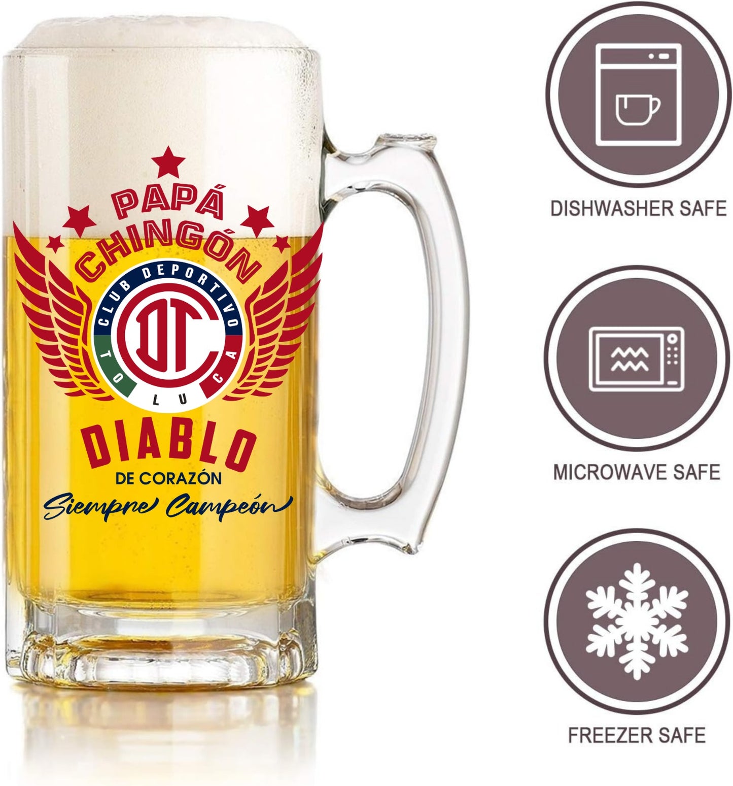 Toluca FC 16 oz Beer Glass Mug – Papá Chingón Design – Diablo de Corazón, Siempre Campeón – Soccer Gift