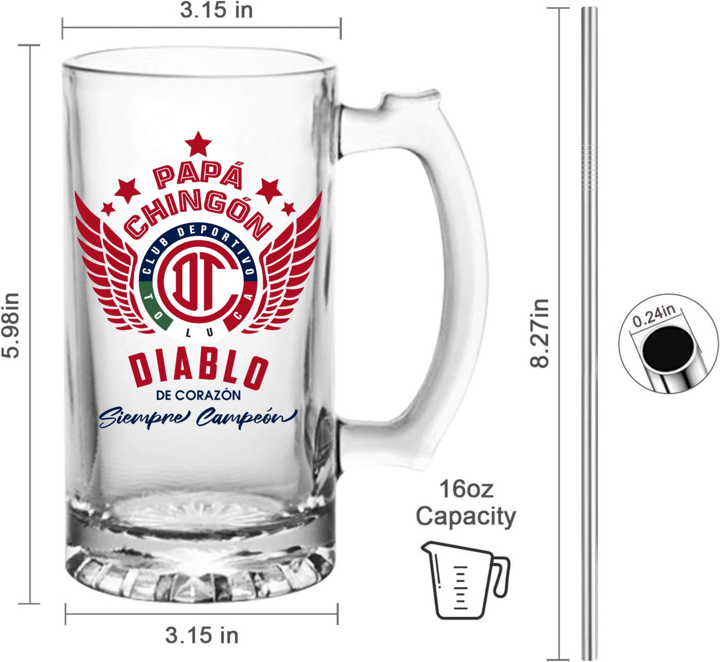 Toluca FC 16 oz Beer Glass Mug – Papá Chingón Design – Diablo de Corazón, Siempre Campeón – Soccer Gift