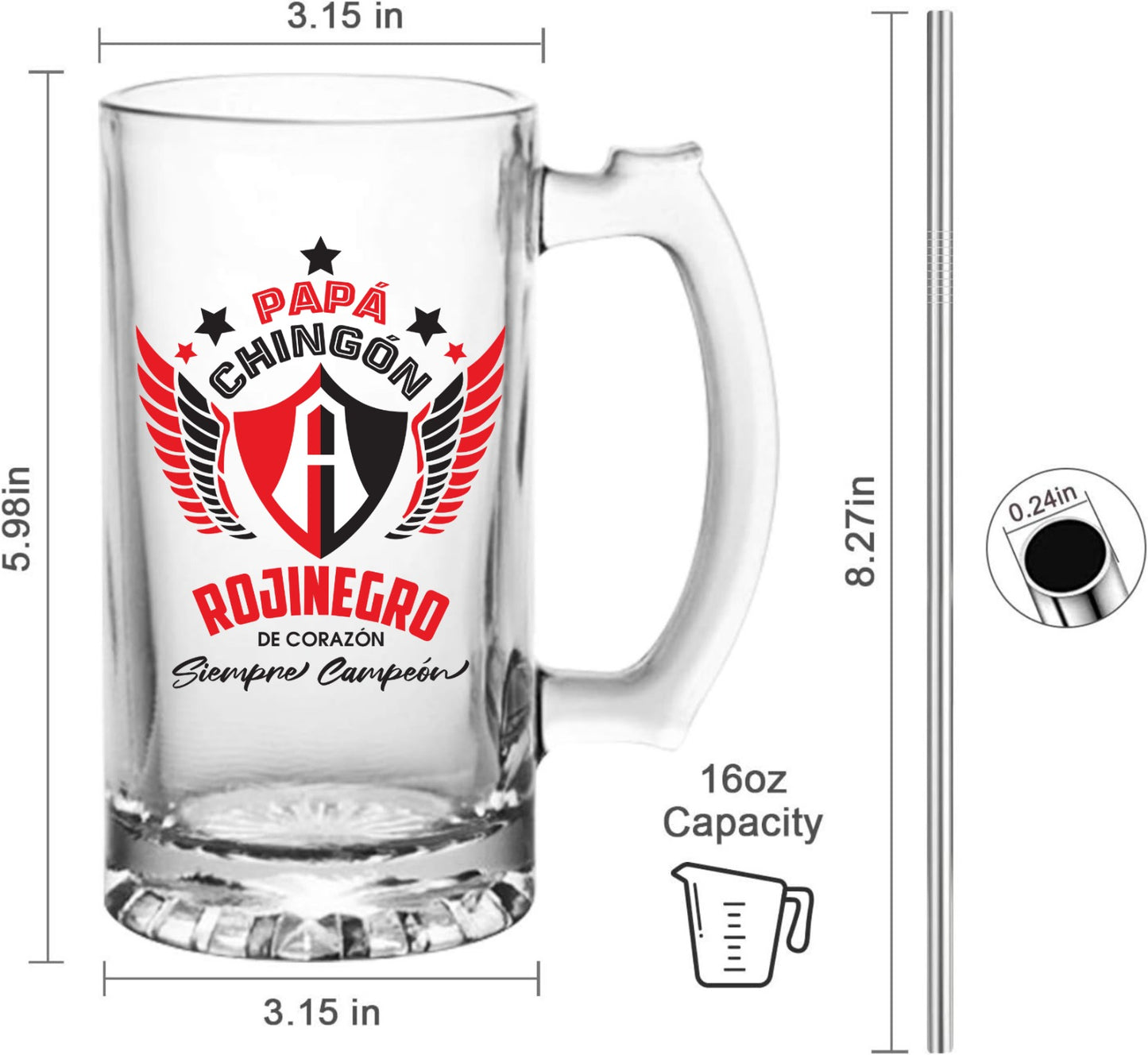 Atlas FC 16 oz Beer Glass Mug – Papá Chingón Design – Rojinegro de Corazón, Siempre Campeón – Soccer Gift