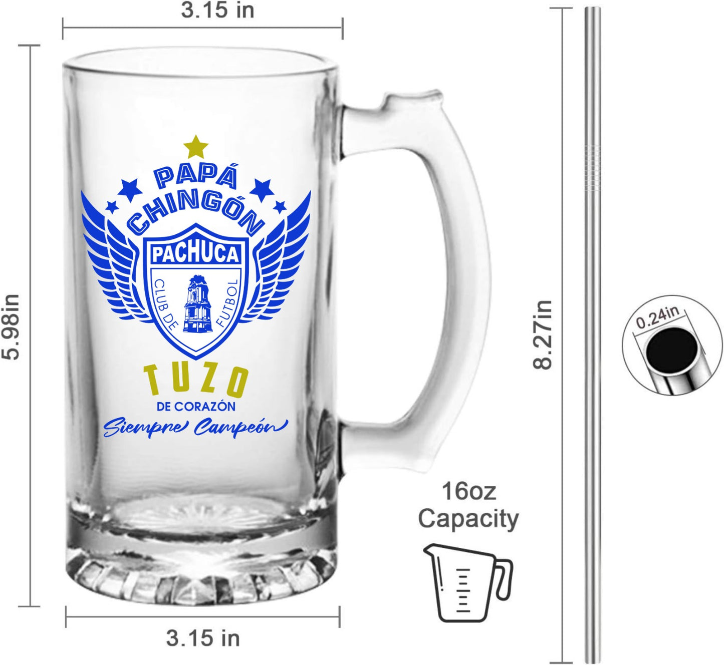 Pachuca 16 oz Beer Glass Mug – Papá Chingón Design – Tuzo de Corazón, Siempre Campeón – Soccer Gift
