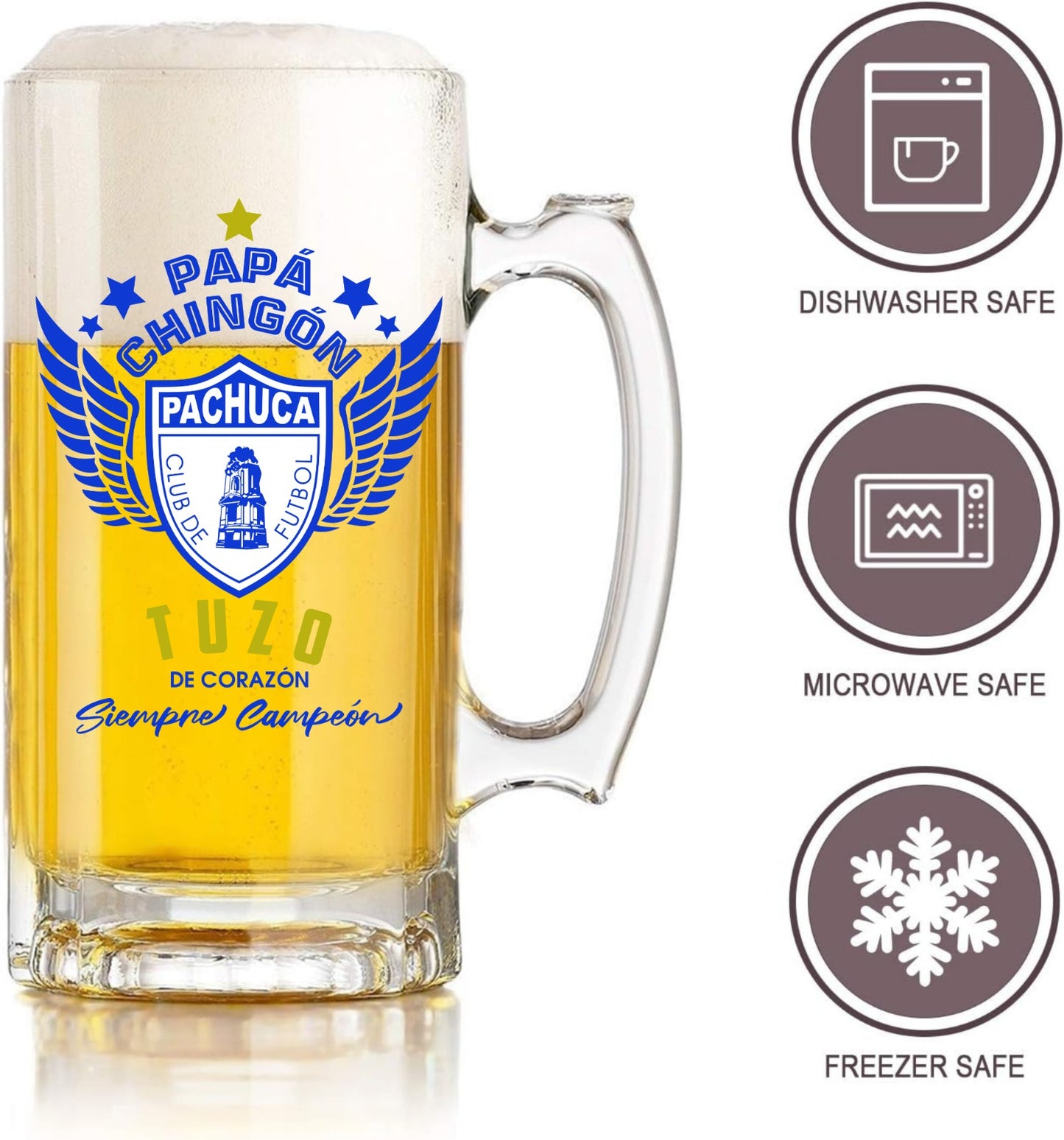 Pachuca 16 oz Beer Glass Mug – Papá Chingón Design – Tuzo de Corazón, Siempre Campeón – Soccer Gift