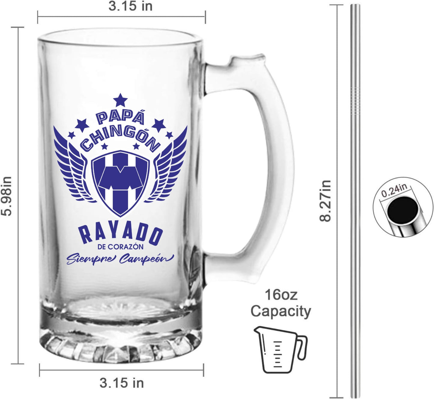 Monterrey 16 oz Beer Glass Mug – Papá Chingón Design – Rayados de Corazón, Siempre Campeón – Soccer Gift