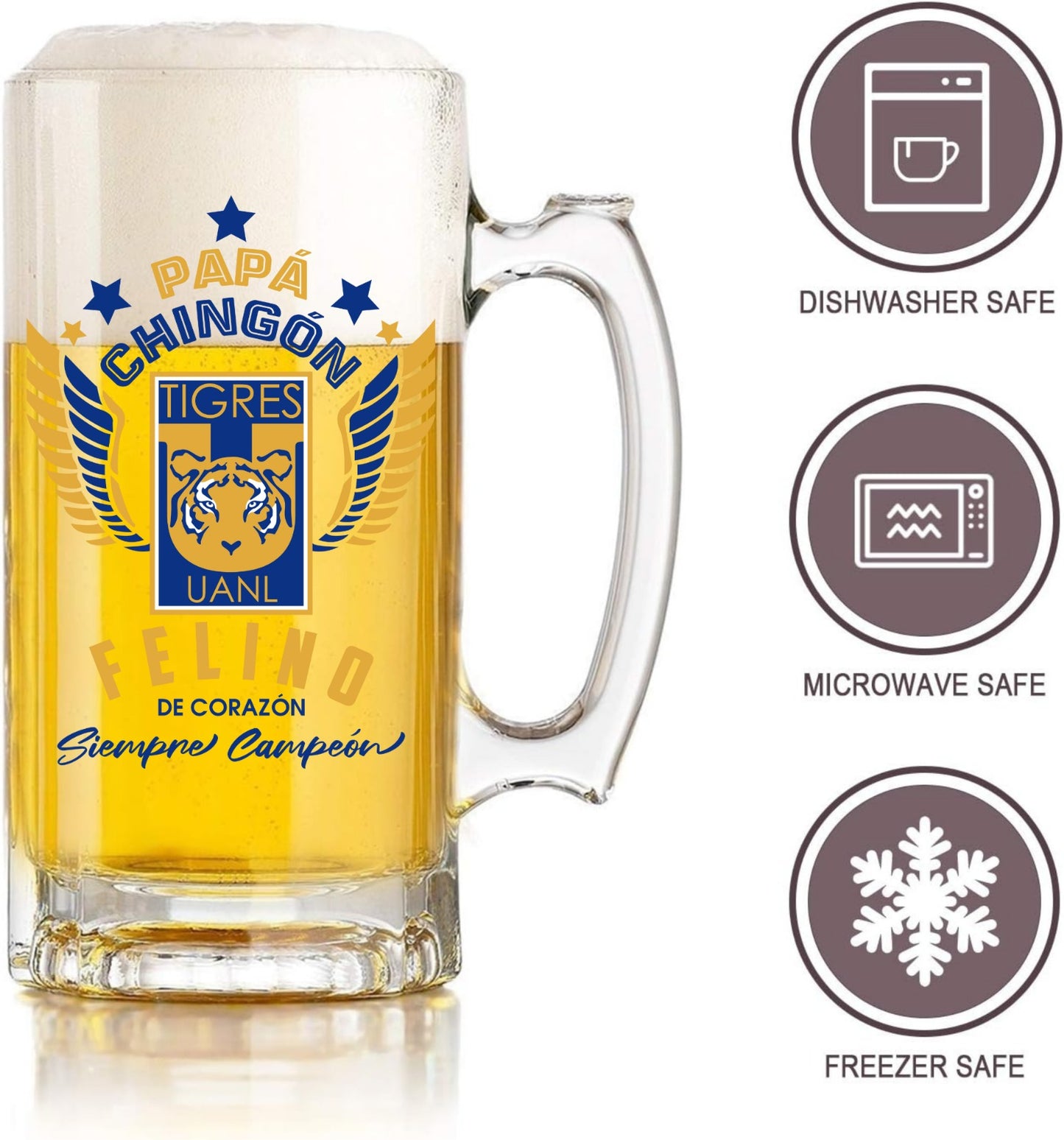 Tigres UANL 16 oz Beer Glass Mug – Papá Chingón Design – Felino de Corazón, Siempre Campeón – Soccer Gift