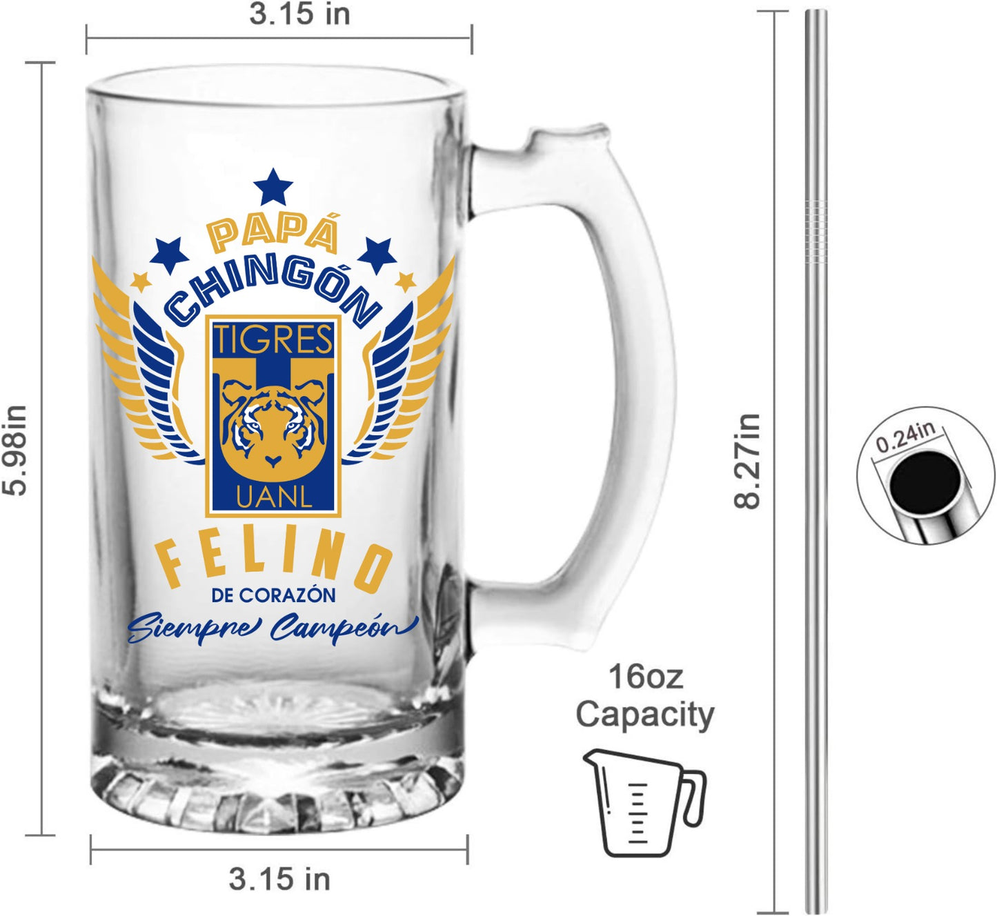 Tigres UANL 16 oz Beer Glass Mug – Papá Chingón Design – Felino de Corazón, Siempre Campeón – Soccer Gift