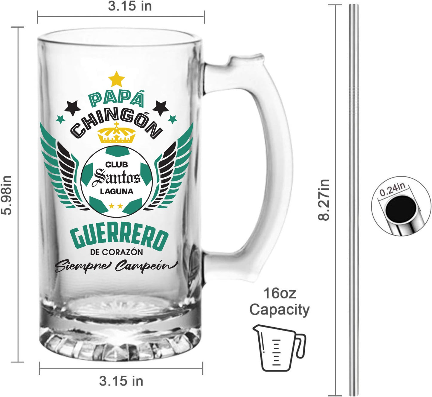 Santos Laguna 16 oz Beer Glass Mug – Papá Chingón Design – Guerrero de Corazón, Siempre Campeón – Soccer Gift