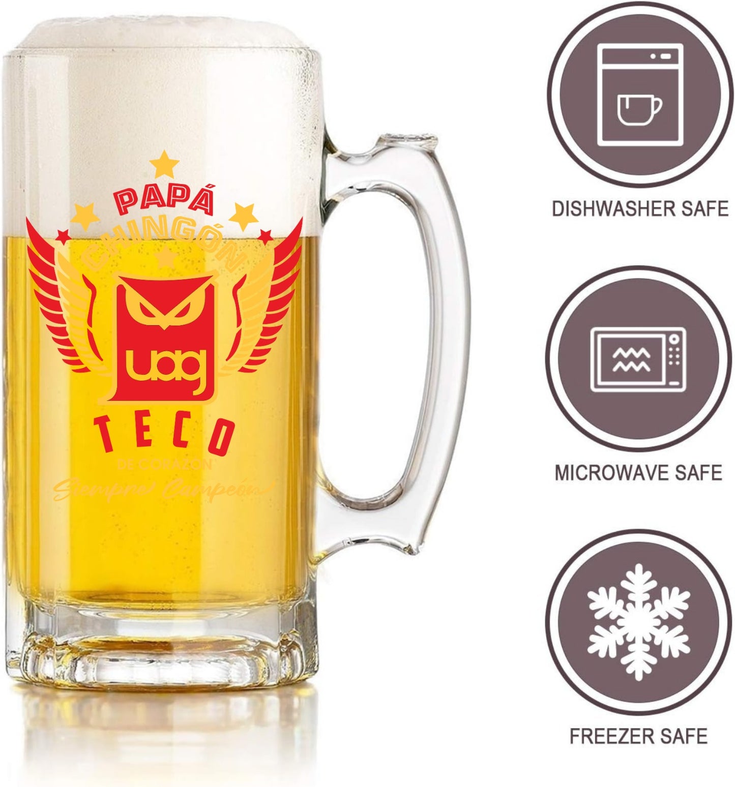Tecos UAG 16 oz Beer Glass Mug – Papá Chingón Design – Teco de Corazón, Siempre Campeón – Soccer Gift