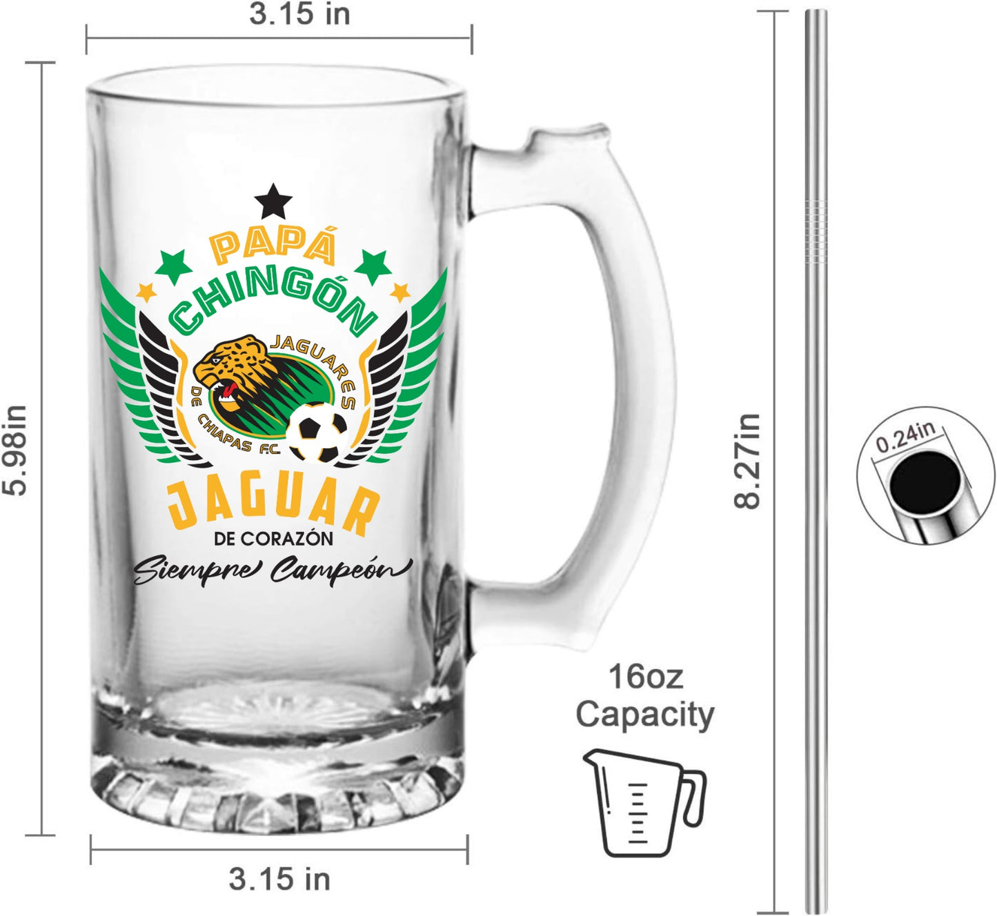 Jaguares de Chiapas 16 oz Beer Glass Mug – Papá Chingón Design – Jaguar de Corazón, Siempre Campeón – Soccer Gift