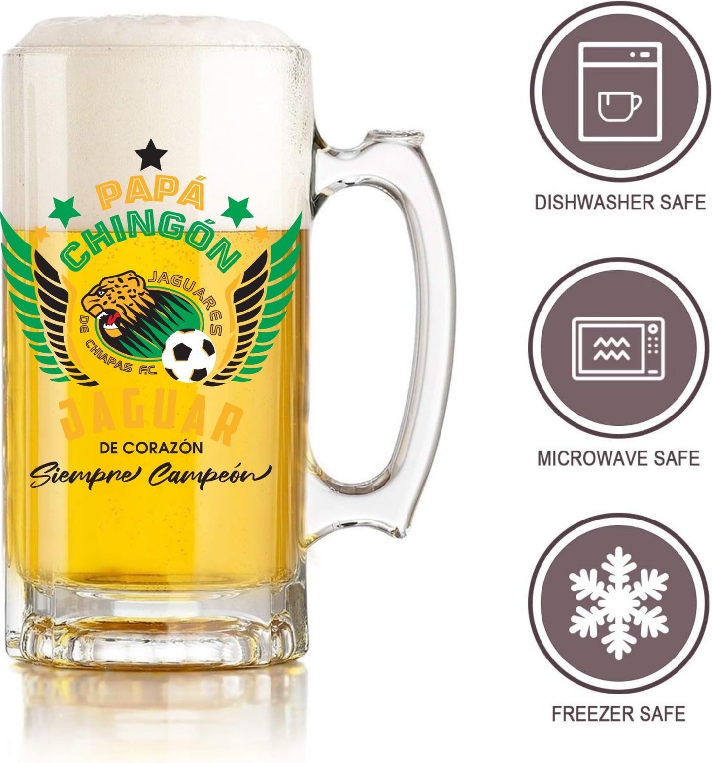 Jaguares de Chiapas 16 oz Beer Glass Mug – Papá Chingón Design – Jaguar de Corazón, Siempre Campeón – Soccer Gift