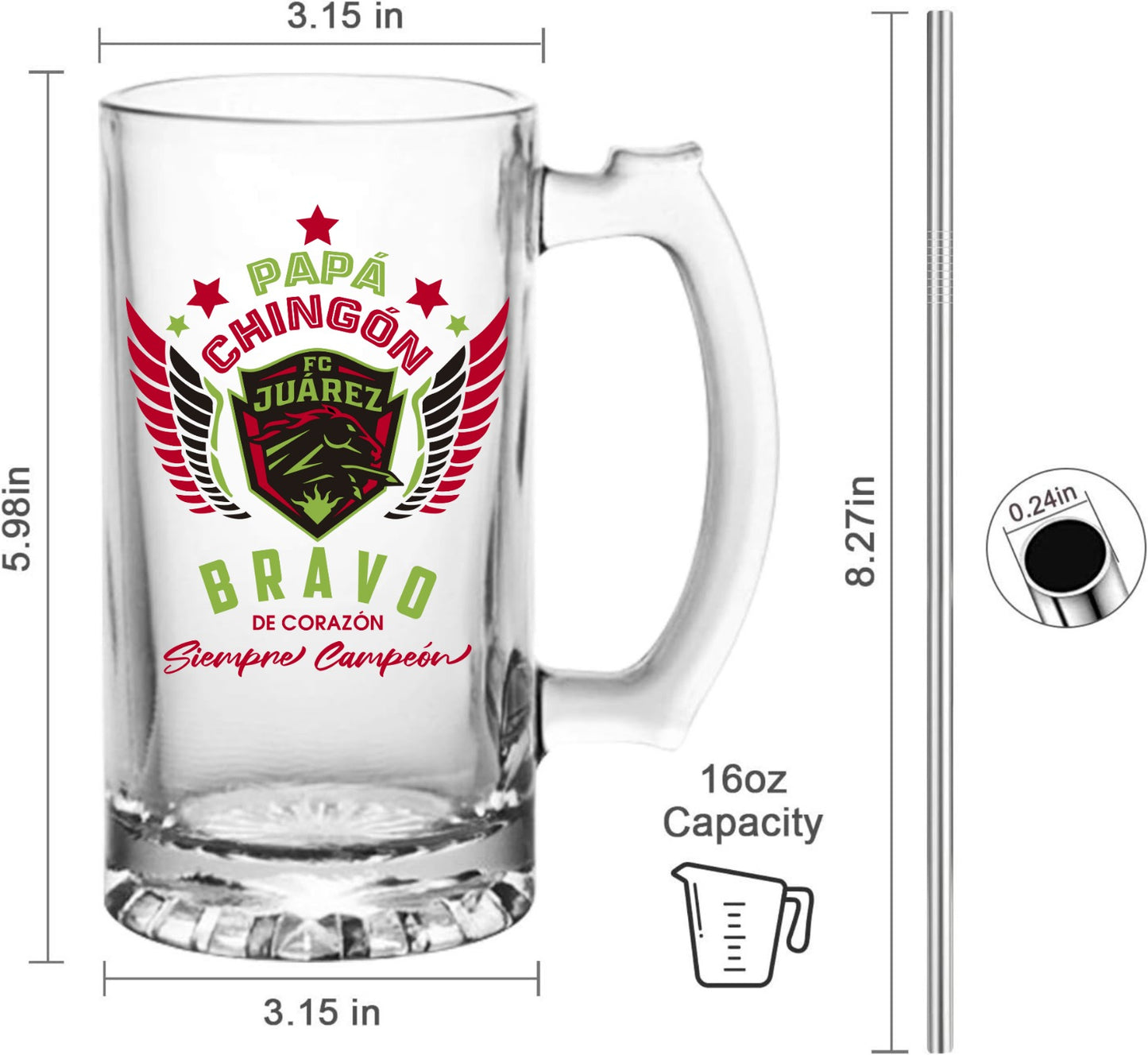Juárez FC 16 oz Beer Glass Mug – Papá Chingón Design – Bravo de Corazón, Siempre Campeón – Soccer Gift