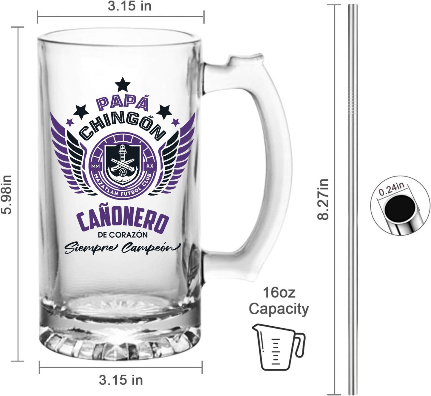 Mazatlán FC 16 oz Beer Glass Mug – Papá Chingón Design – Cañonero de Corazón, Siempre Campeón – Soccer Gift