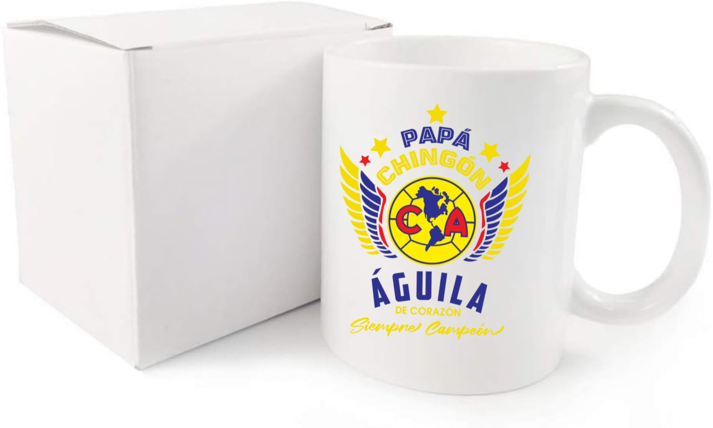 Club America Soccer Fan Coffee Mug – Papá Chingón Design – Águila de Corazón, Siempre Campeón – 11 oz White Ceramic Cup