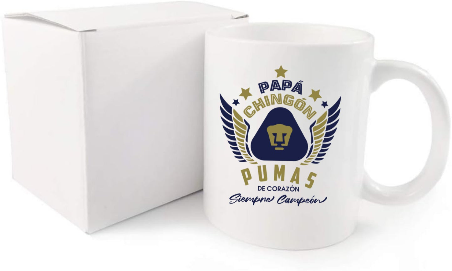 Pumas Soccer Fan Coffee Mug – Papá Chingón Design – Pumas de Corazón, Siempre Campeón – 11 oz White Ceramic Cup