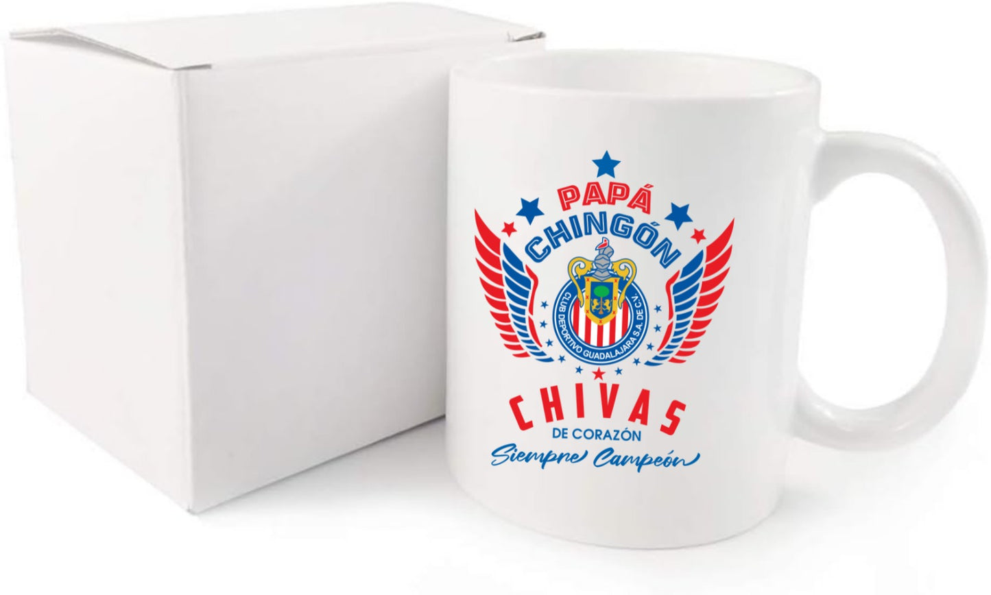 Chivas Soccer Fan Coffee Mug – Papá Chingón Design – Chivas de Corazón, Siempre Campeón – 11 oz White Ceramic Cup – Rebaño Sagrado Gift