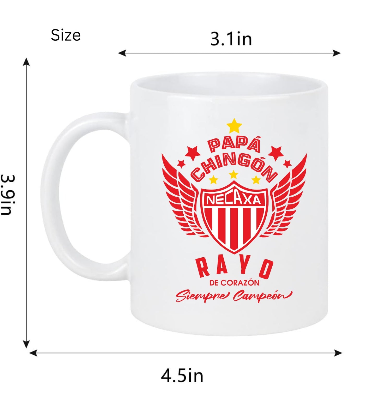 Necaxa Soccer Fan Coffee Mug – Papá Chingón Design – Rayo de Corazón, Siempre Campeón – 11 oz White Ceramic Cup