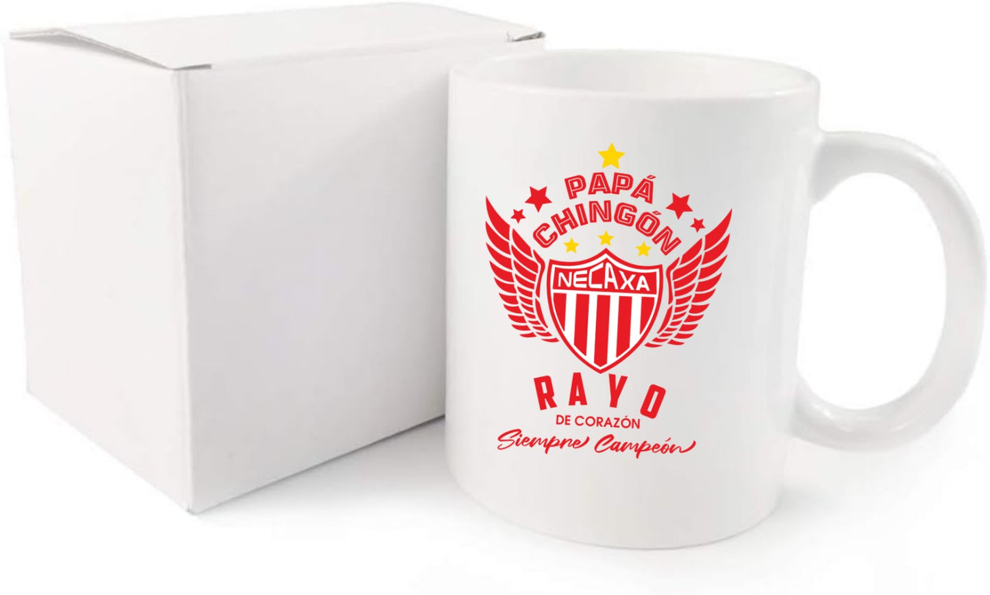 Necaxa Soccer Fan Coffee Mug – Papá Chingón Design – Rayo de Corazón, Siempre Campeón – 11 oz White Ceramic Cup