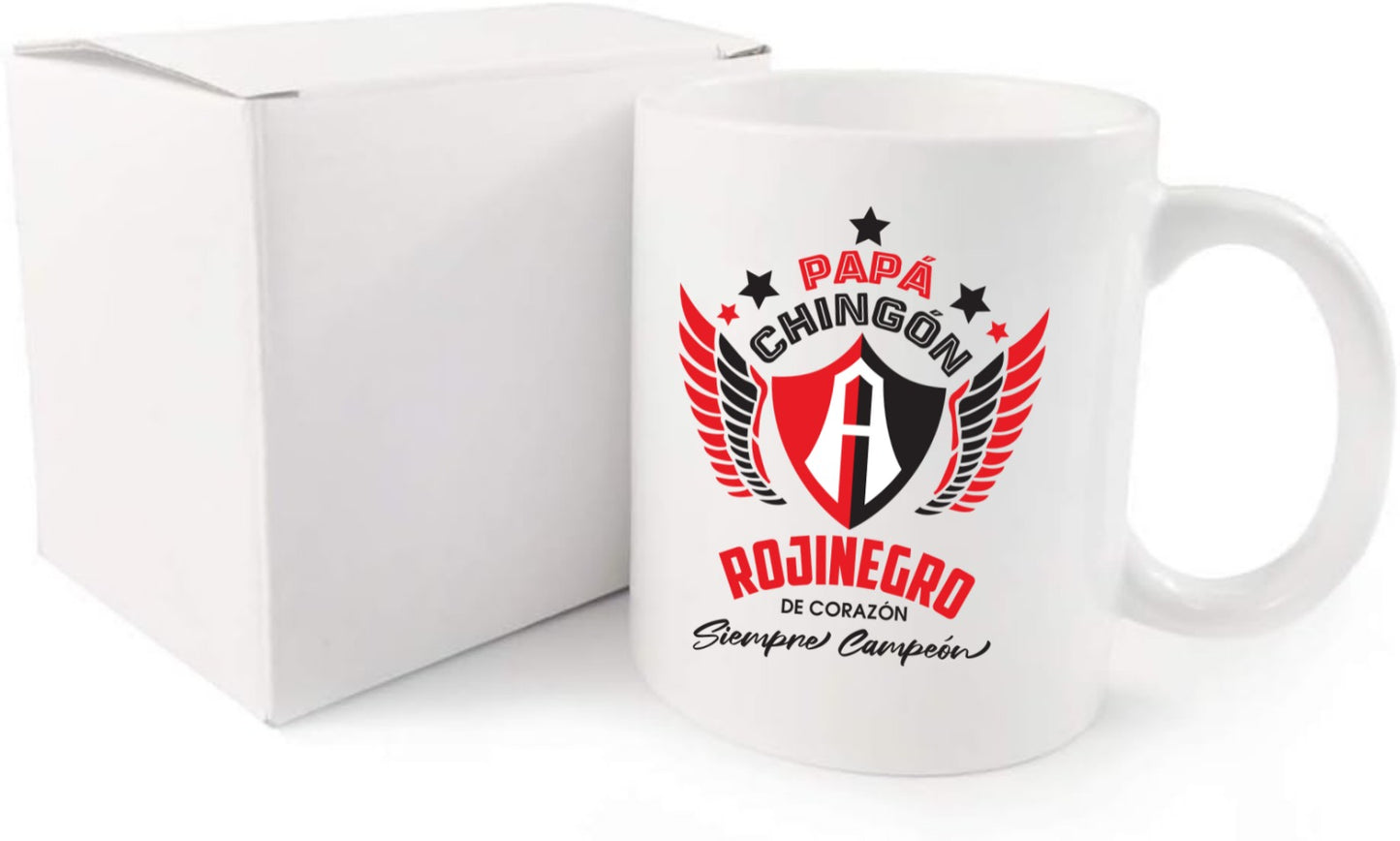 Atlas Soccer Fan Coffee Mug – Papá Chingón Design – Rojinegro de Corazón, Siempre Campeón – 11 oz White Ceramic Cup