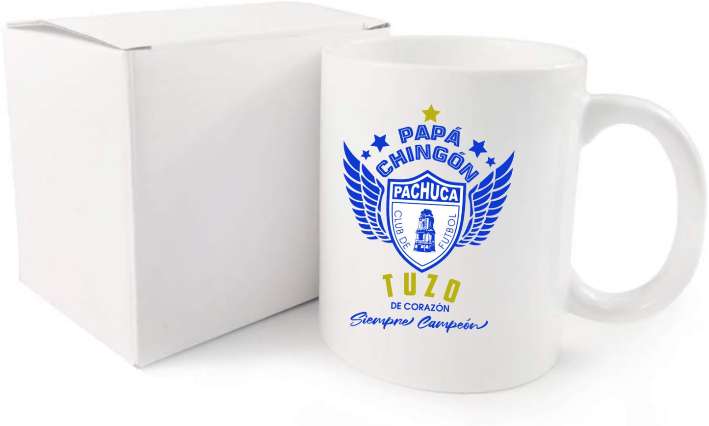 Pachuca Soccer Fan Coffee Mug – Papá Chingón Design – Tuzo de Corazón, Siempre Campeón – 11 oz White Ceramic Cup