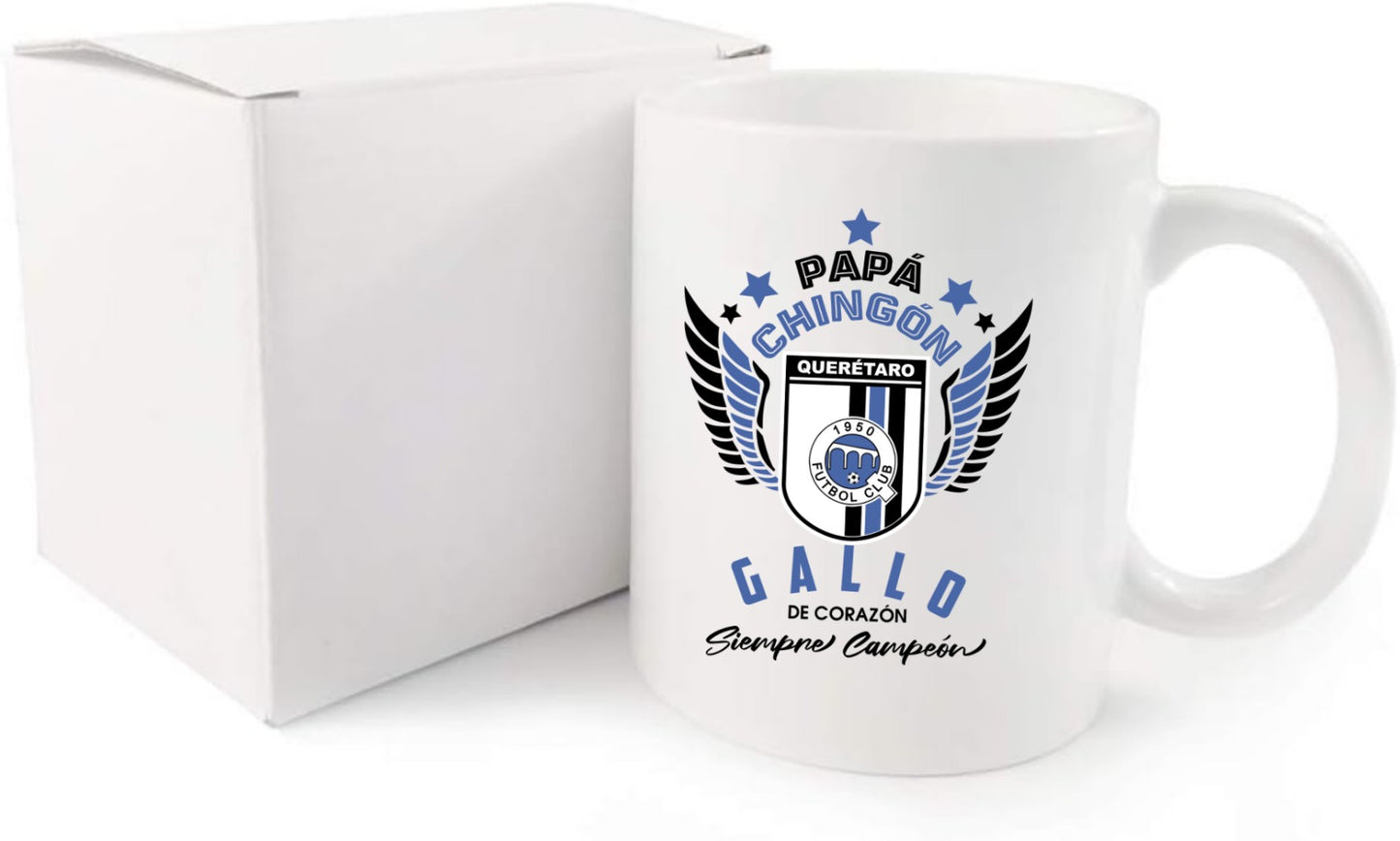 Querétaro Soccer Fan Coffee Mug – Papá Chingón Design – Gallo de Corazón, Siempre Campeón – 11 oz White Ceramic Cup