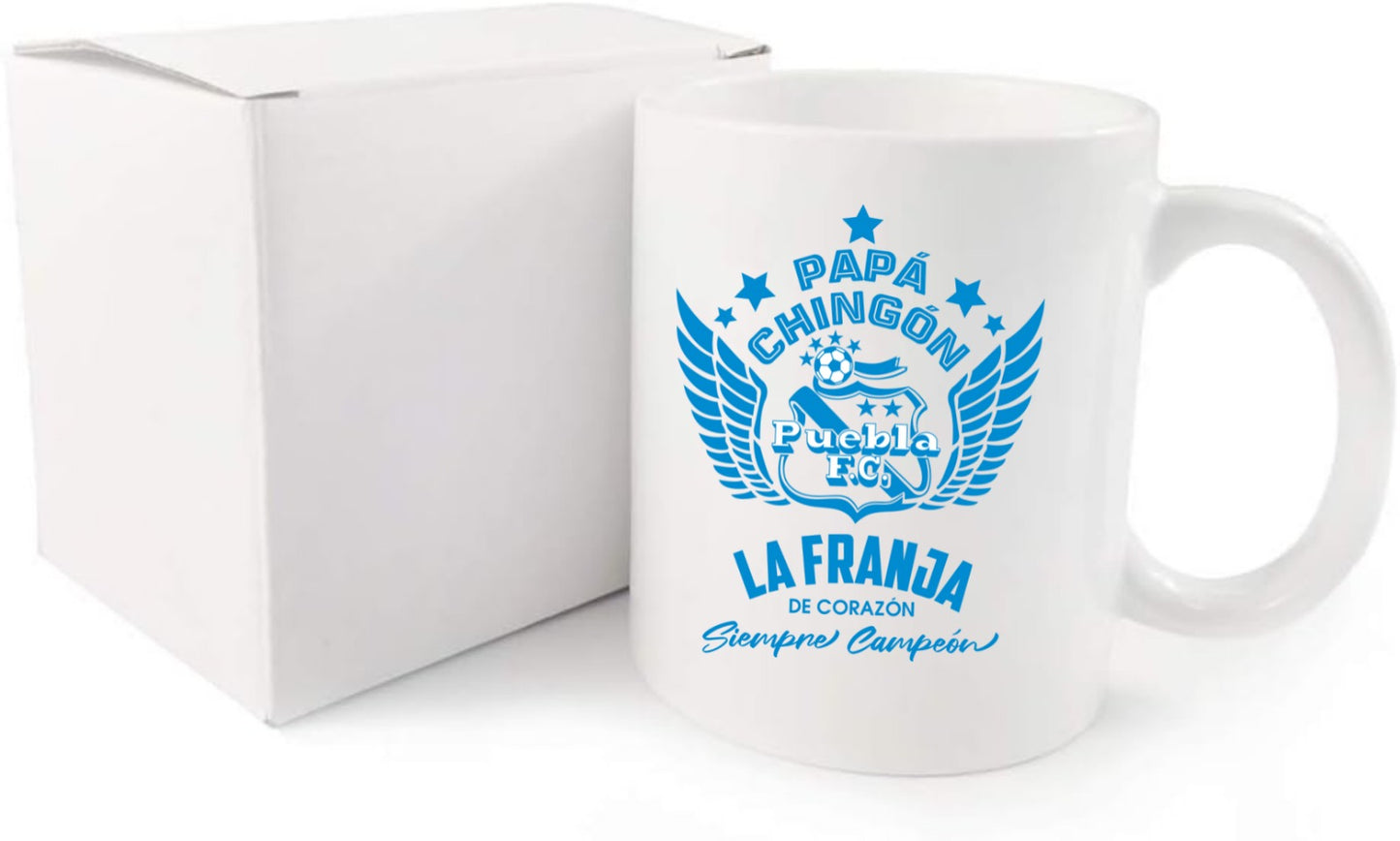 Puebla Soccer Fan Coffee Mug – Papá Chingón Design – La Franja de Corazón, Siempre Campeón – 11 oz White Ceramic Cup