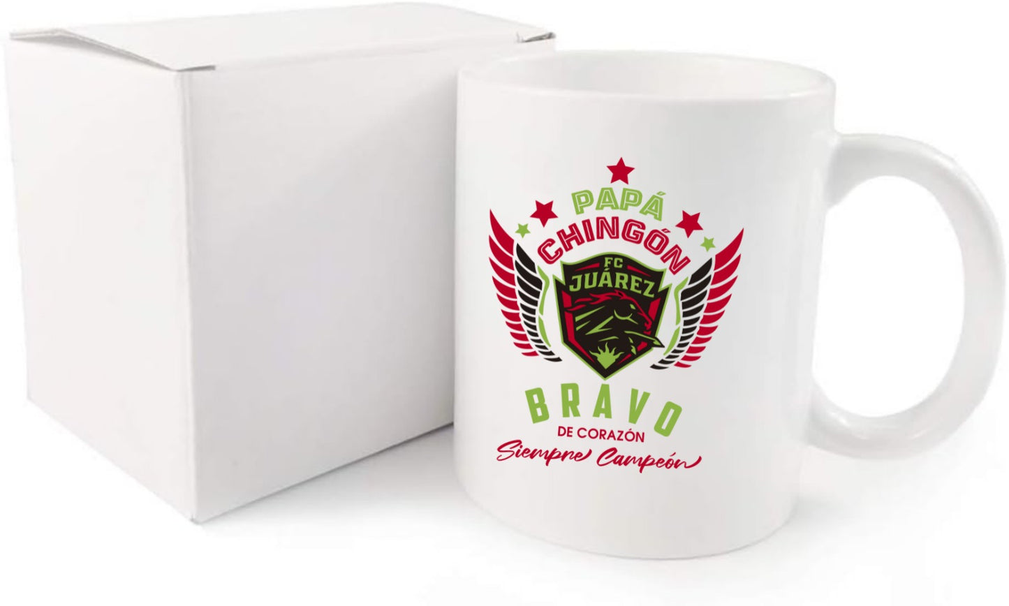 Juárez Soccer Fan Coffee Mug – Papá Chingón Design – Bravo de Corazón, Siempre Campeón – 11 oz White Ceramic Cup