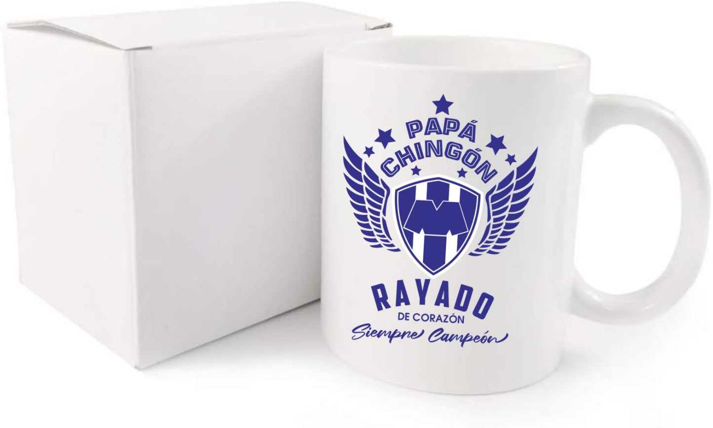 Monterrey Soccer Fan Coffee Mug – Papá Chingón Design – Rayado de Corazón, Siempre Campeón – 11 oz White Ceramic Cup