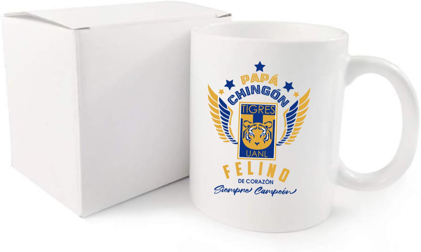 Tigres Soccer Fan Coffee Mug – Papá Chingón Design – Felino de Corazón, Siempre Campeón – 11 oz White Ceramic Cup