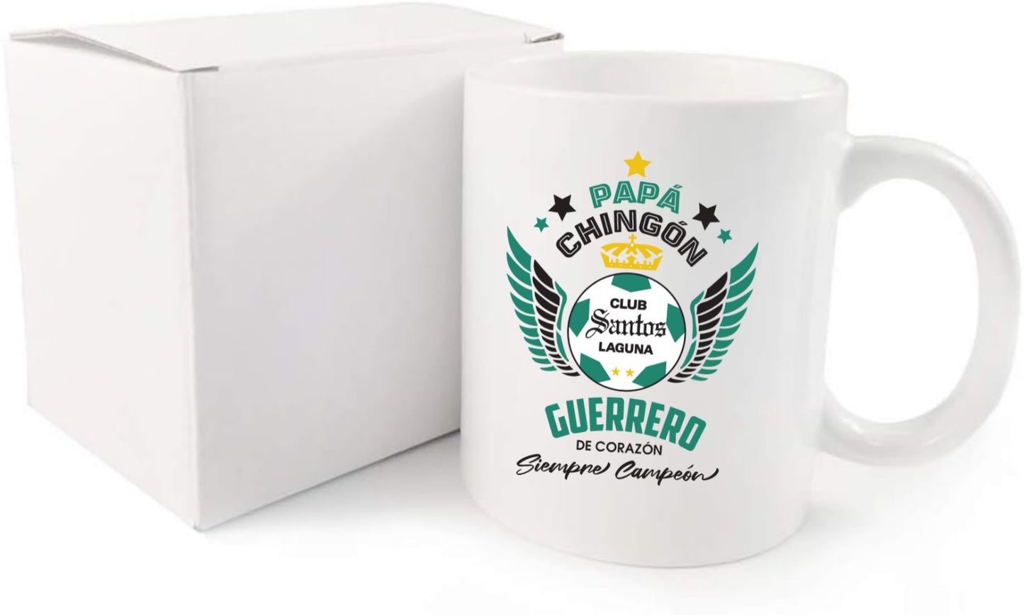Santos Laguna Soccer Fan Coffee Mug – Papá Chingón Design – Guerrero de Corazón, Siempre Campeón – 11 oz White Ceramic Cup