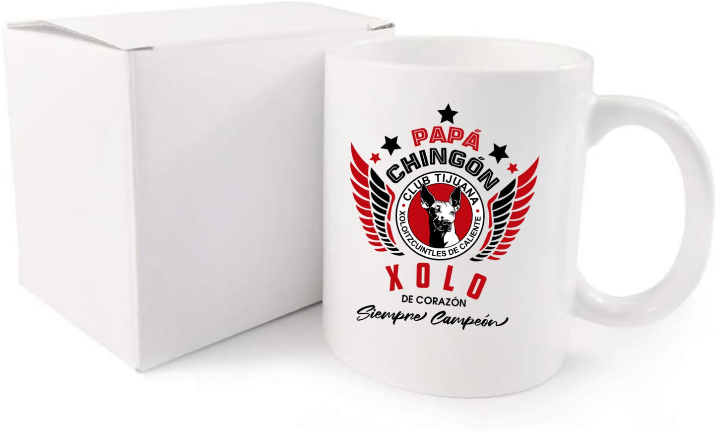 Xolos Soccer Fan Coffee Mug – Papá Chingón Design – Xolo de Corazón, Siempre Campeón – 11 oz White Ceramic Cup