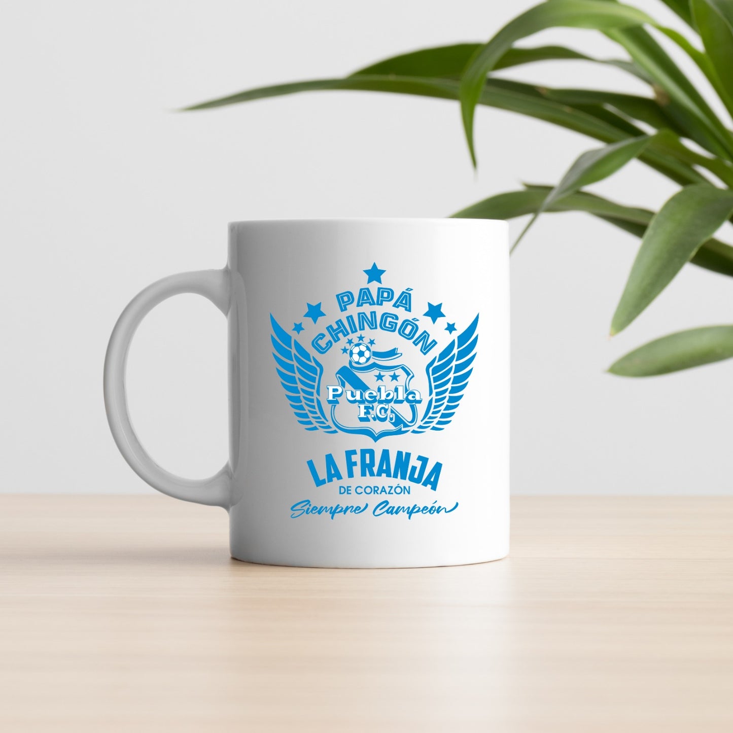 Puebla Soccer Fan Coffee Mug – Papá Chingón Design – La Franja de Corazón, Siempre Campeón – 11 oz White Ceramic Cup