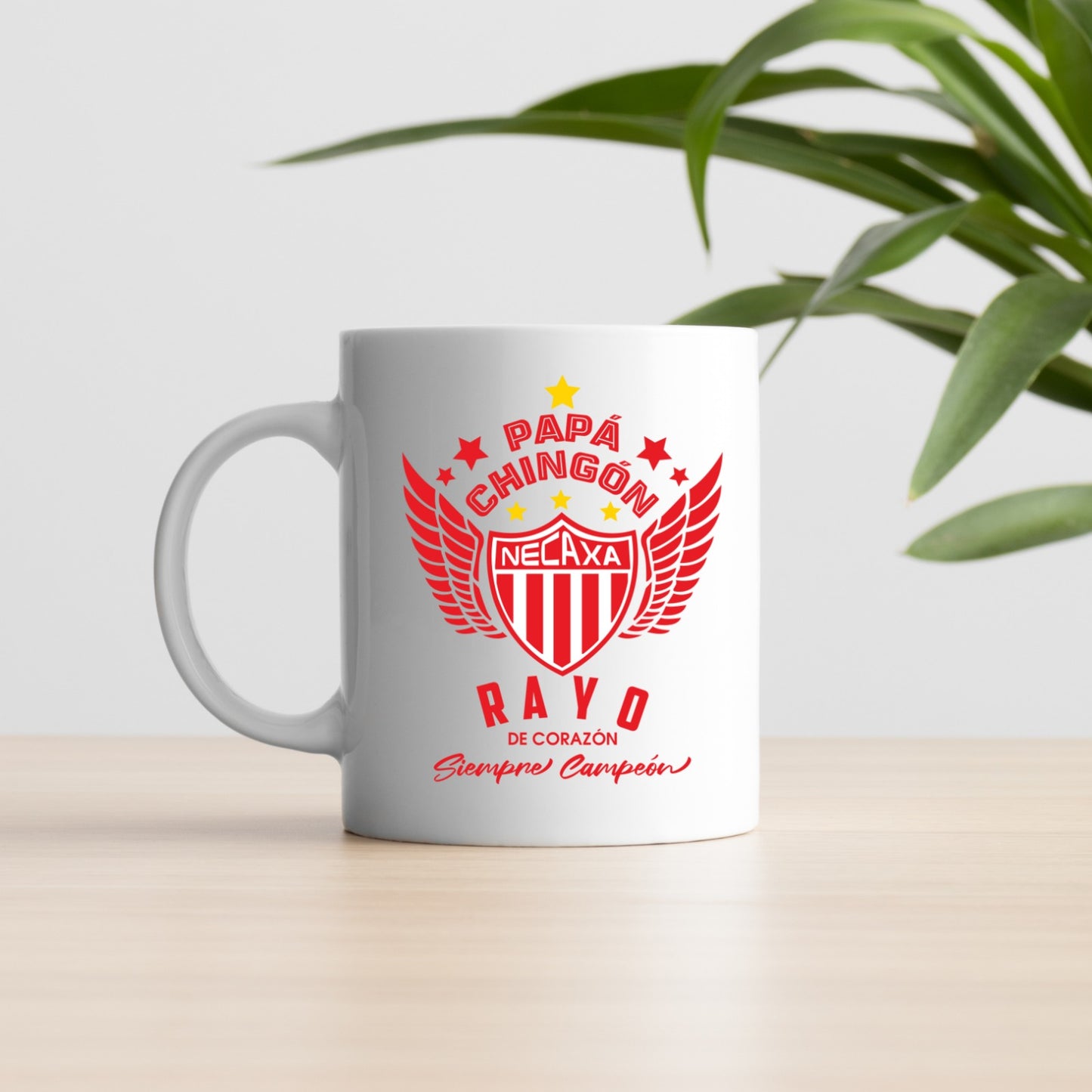 Necaxa Soccer Fan Coffee Mug – Papá Chingón Design – Rayo de Corazón, Siempre Campeón – 11 oz White Ceramic Cup